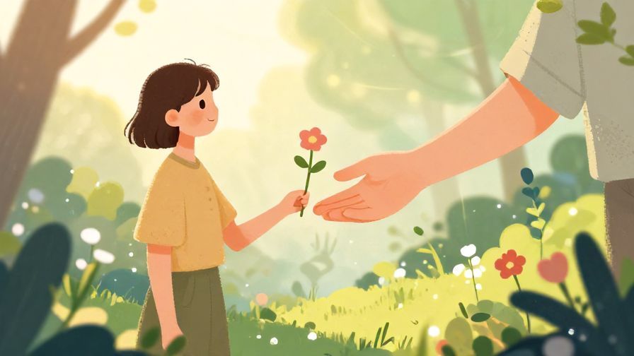 Illustration%20of%20a person gently handing a flower to a friend in a serene garden, soft lighting, illustrated style