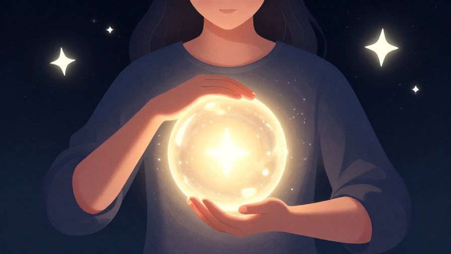 Illustration%20of%20a person gently holding a glowing orb of light close to their chest, surrounded by stars and soft dots