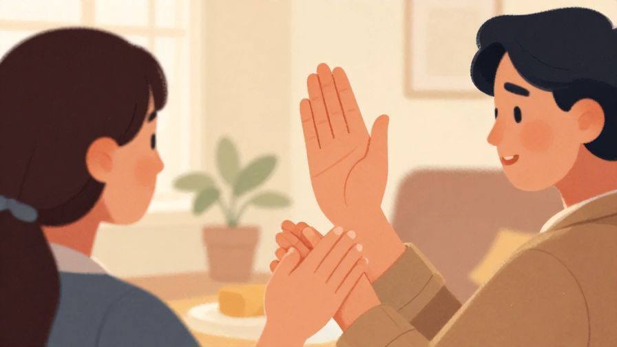 Illustration%20of%20a person gently holding up a hand to stop another person from speaking, warm indoor setting, illustrated style