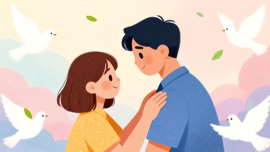 Illustration%20of%20a person gently patting another’s shoulder reassuringly, soft pastel background with floating leaves and doves, vibrant colors, illustrated style