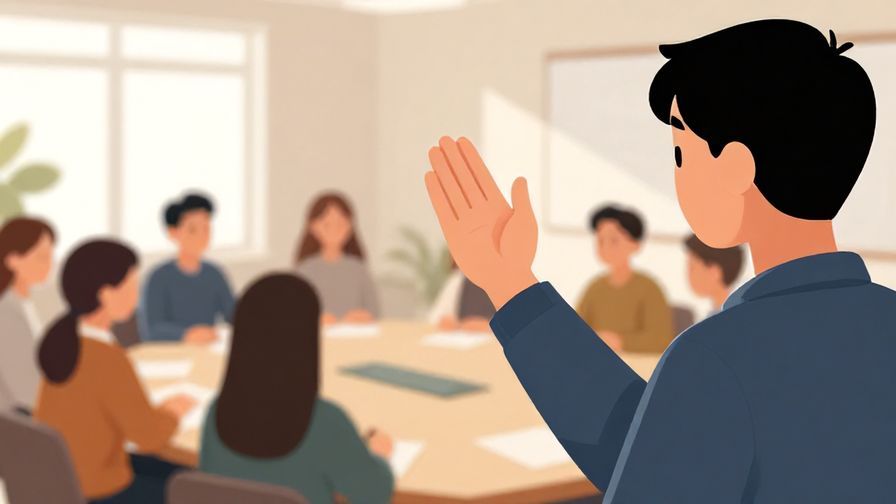 Illustration%20of%20a person gently raising a hand to calm a group in a quiet conference room, lots of natural light