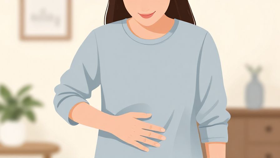 Illustration%20of%20a person gently smiling while touching their stomach lightly, casual but neat clothing, soft domestic background, illustrated style