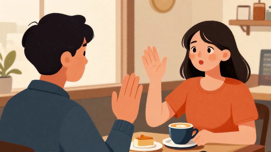Illustration%20of%20a person gently waving a hand to stop another person who looks curious, in a cozy cafe setting, vibrant colors, illustrated style