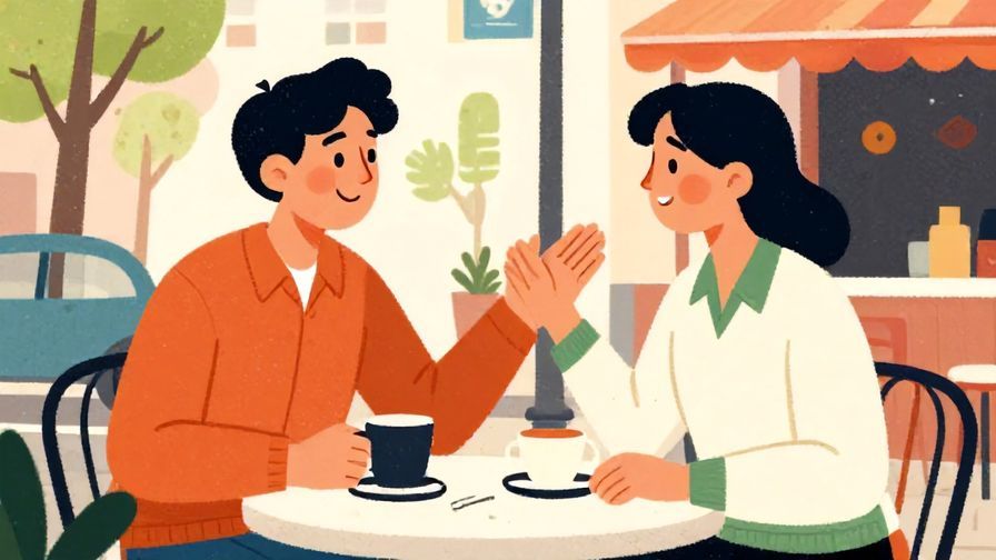 Illustration%20of%20a person gesturing for help with a smile, outdoor street cafe scene, lively colors, illustrated style