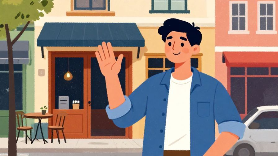 Illustration%20of%20a person giving a casual wave and a relaxed smile outside a cafe, colorful urban background, illustrated style