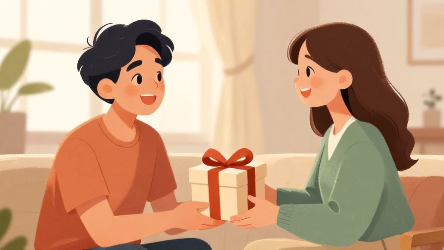 Illustration%20of%20a person giving a gift to a close friend, joyful expressions, soft indoor lighting