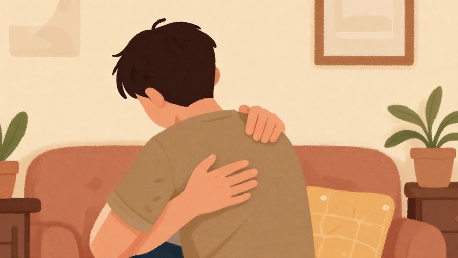 Illustration%20of%20a person giving a reassuring hug or pat on the back in a cozy room, warm colors, illustrated style