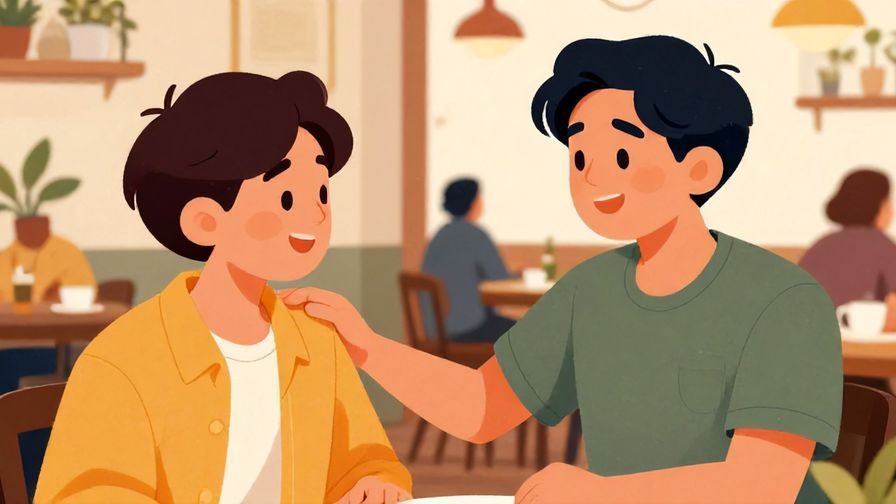 Illustration%20of%20a person giving a reassuring pat on a friend’s shoulder with a warm smile, cozy cafe background, friendly and supportive mood, detailed background, vibrant colors, illustrated style