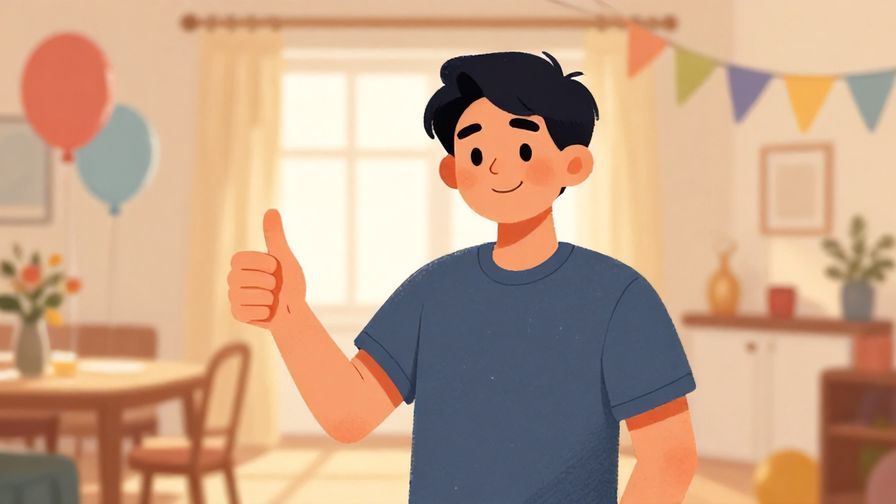 Illustration%20of%20a person giving a thumbs up in a decorated room ready for a party, smiling confidently, warm lighting, illustrated style