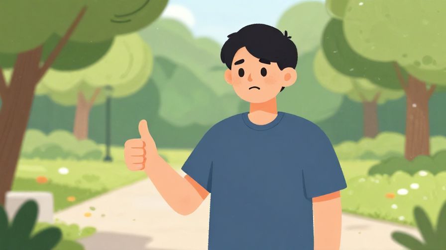 Illustration%20of%20a person giving a thumbs-up with an apologetic smile, casual park background, illustrated style