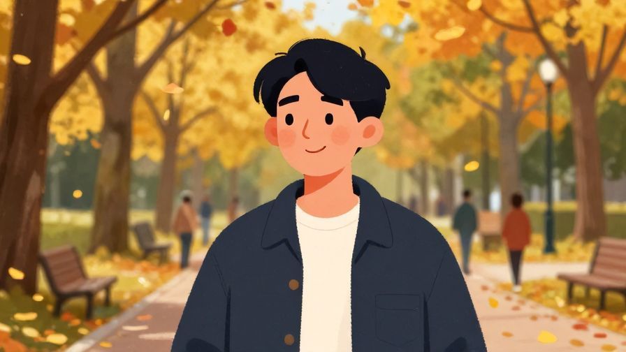Illustration%20of%20a person glancing sideways with a thoughtful smile, standing in a lively park with autumn leaves