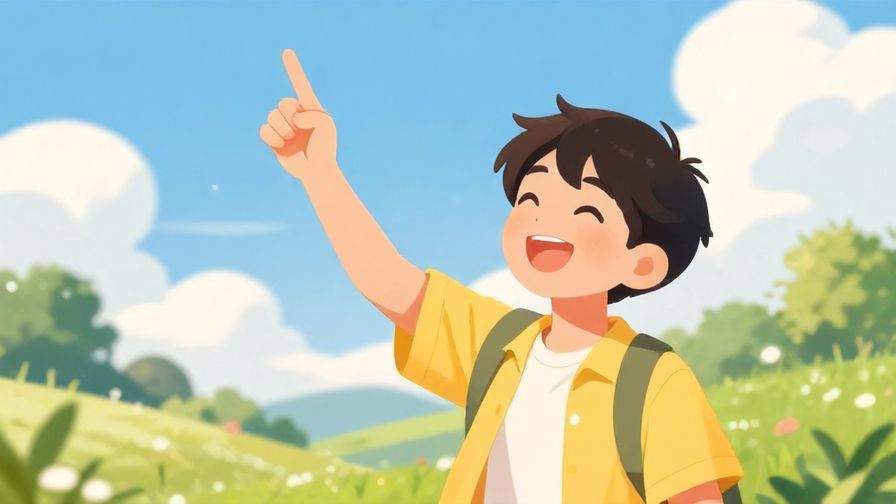 Illustration%20of%20a person gleefully pointing upward with a bright smile, with a sunny outdoor background