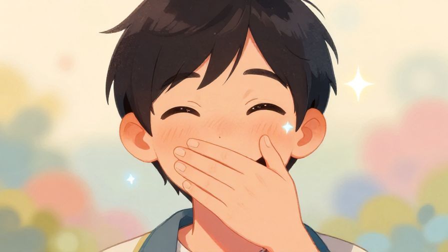 Illustration%20of%20a person grinning while covering their mouth with one hand, a sparkle in their eye, soft colorful background, illustrated style