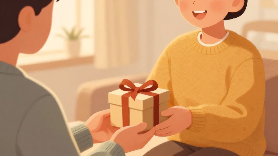 Illustration%20of%20a person handing a small gift with a warm smile to another, cozy home setting, soft lighting
