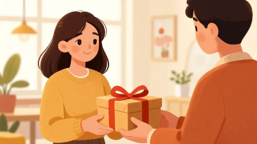 Illustration%20of%20a person handing over a wrapped gift with a trusting smile to another person, bright warm tones, detailed background, vibrant colors, illustrated style