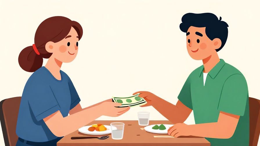 Illustration%20of%20a person handing over money with a gentle smile, split bill scenario at a restaurant, casual but neat setting, vibrant colors, illustrated style