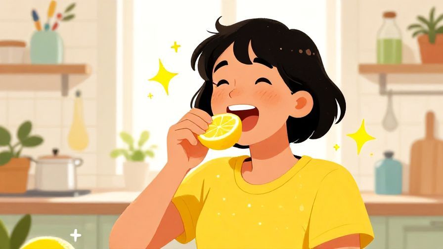 Illustration%20of%20a person happily biting into a lemon with an energized glow around them, bright and cheerful kitchen background, vibrant colors, illustrated style