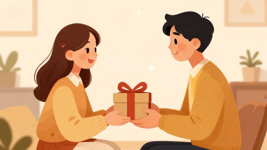 Illustration%20of%20a person happily giving a wrapped gift in return, warm atmosphere, soft lighting, cozy room