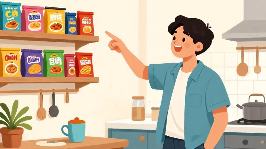 Illustration%20of%20a person happily pointing to a shelf of colorful snacks%2C casual kitchen setting%2C bright cheerful colors%2C illustrated style