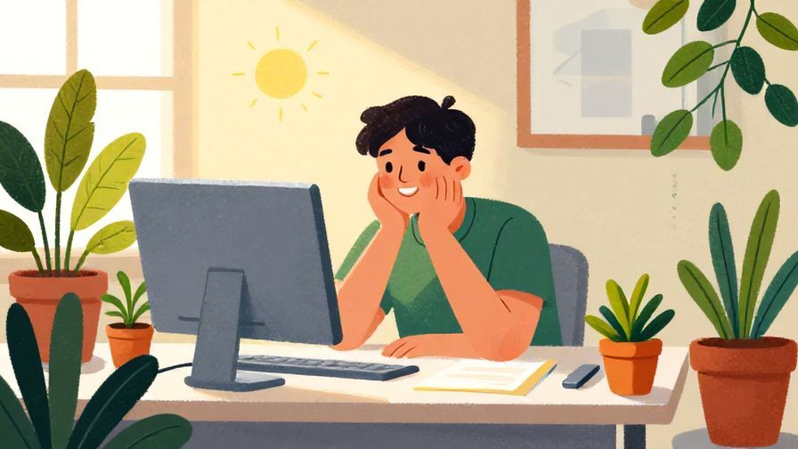 Illustration%20of%20a person happily working at a desk surrounded by plants and sunlight, vibrant colors, illustrated style