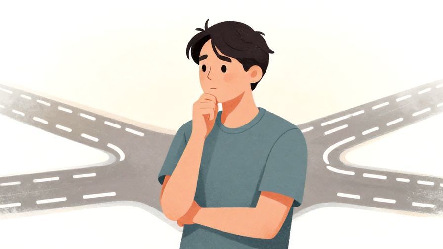 Illustration%20of%20a person hesitating at a junction, looking left thoughtfully, soft background, illustrated style