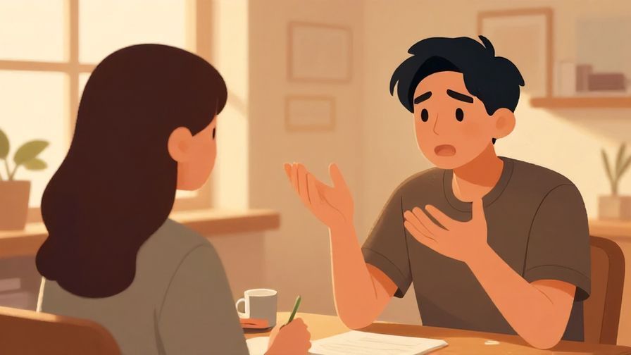 Illustration%20of%20a person hesitating slightly while starting a conversation, warm indoor lighting, casual atmosphere