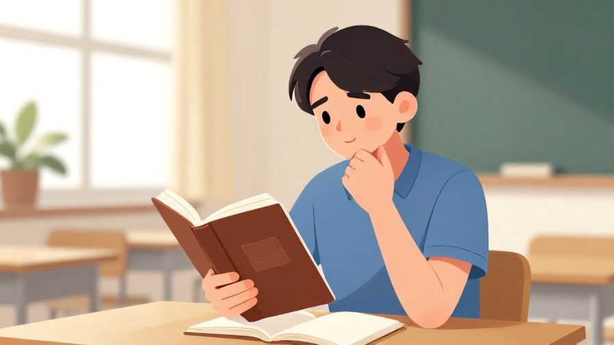 Illustration%20of%20a person holding a dictionary or phone, thinking hard about usage, bright study room in the background, illustrated style