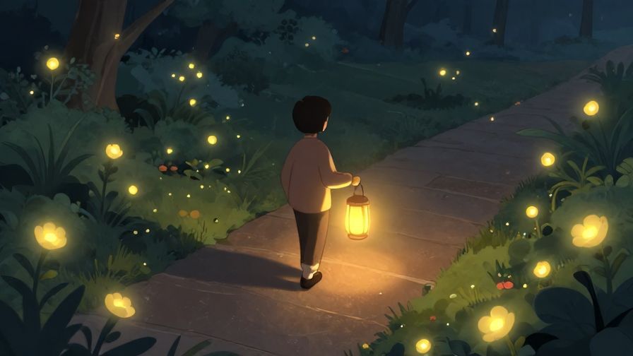 Illustration%20of%20a person holding a glowing lantern walking on a path surrounded by soft glowing flowers, peaceful and hopeful