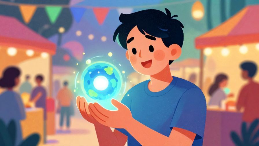 Illustration%20of%20a person holding a mysterious object with a curious smile, colorful background of a festival or market, illustrated style