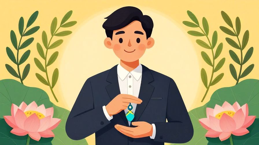 Illustration%20of%20a person holding a protective charm with a confident smile in a formal setting, lotus flowers and olive branches in background, vibrant colors, illustrated style