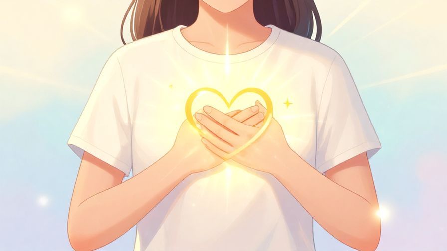 Illustration%20of%20a person holding a shining heart symbol near their chest, surrounded by gentle light rays and soft pastel background, illustrated style