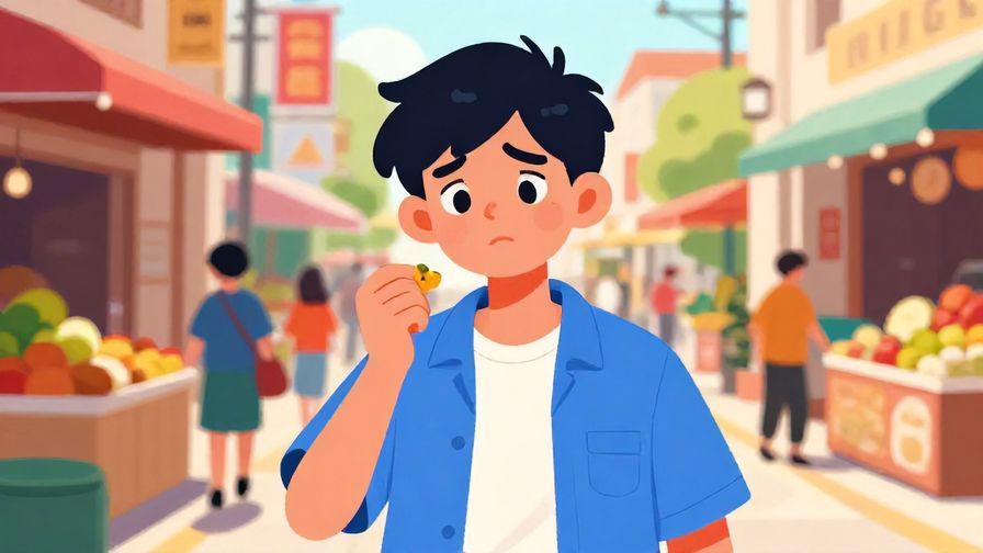 Illustration%20of%20a person holding a small object with a puzzled look, street market background, vibrant colors, illustrated style