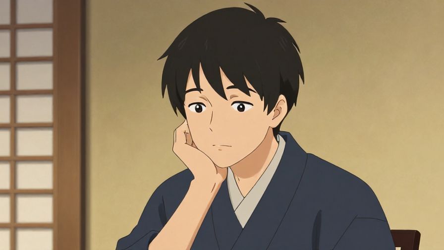 Illustration%20of%20a person holding their chin thoughtfully with a gentle, polite expression, traditional Japanese setting with warm tones