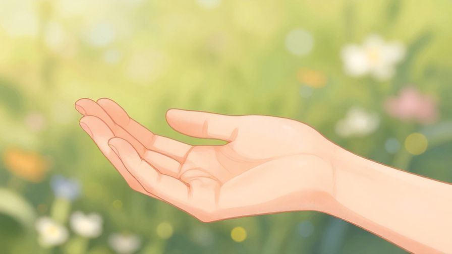 Illustration%20of%20a person holding up a hand gently with a soft expression, calm background with flowers