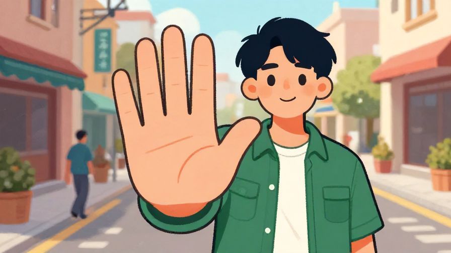 Illustration%20of%20a person holding up a hand to signal “wait” with a friendly expression, casual street setting, detailed background, vibrant colors, illustrated style
