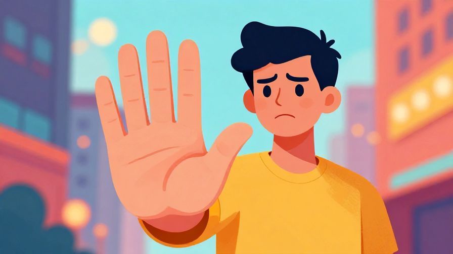 Illustration%20of%20a person holding up a hand to signal stop, with annoyed facial expression, vibrant city background, illustrated style