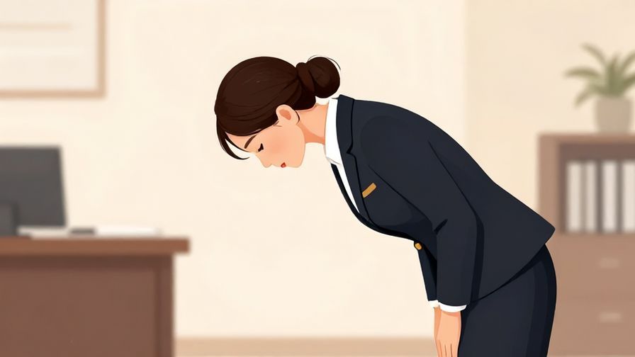 Illustration%20of%20a person in business attire bowing formally%2c office background%2c elegant and refined colors%2c illustrated style