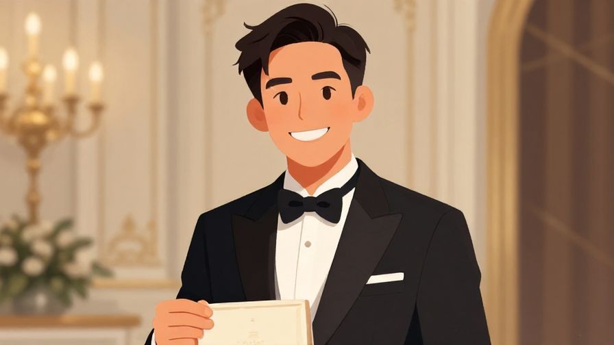 Illustration%20of%20a person in formal attire smiling warmly while holding a favorite item, elegant background with soft lighting, illustrated style