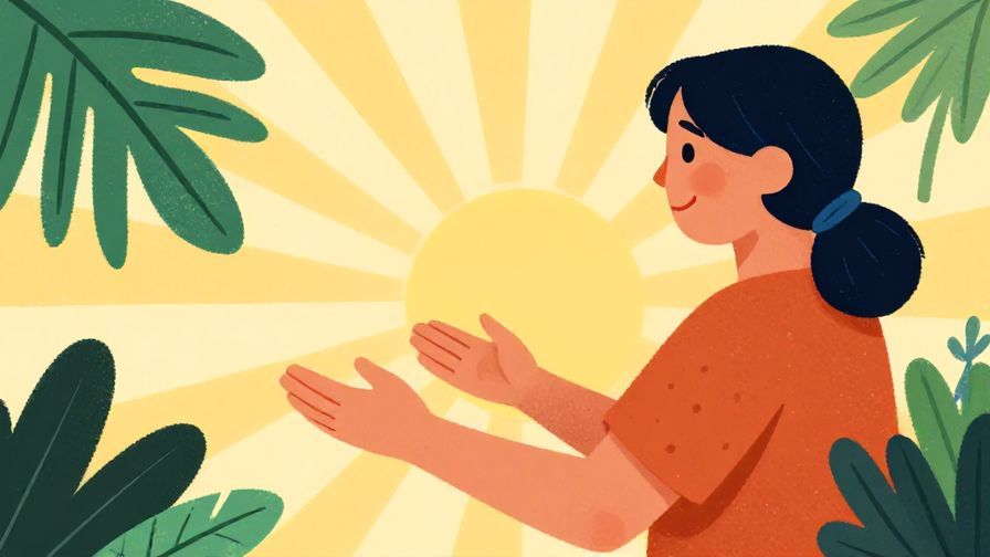 Illustration%20of%20a person inviting warmly with open arms, background with palm leaves and sun rays, vibrant colors, illustrated style