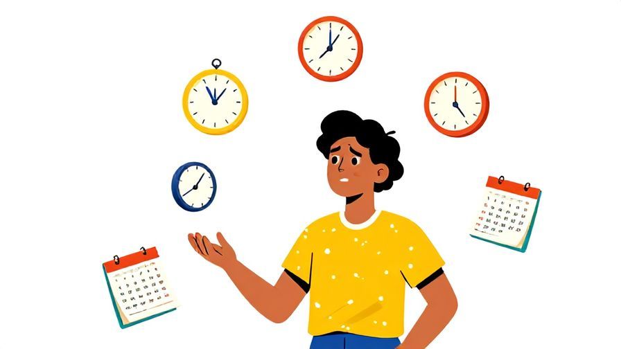 Illustration%20of%20a person juggling multiple clocks and calendars%2C%20looking stressed%20but%20determined%2C%20vibrant%20colors%2C%20illustrated%20style