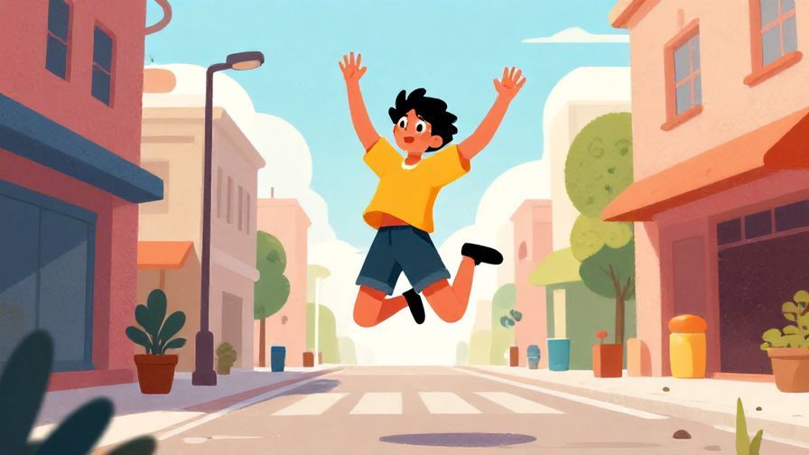 Illustration%20of%20a person jumping back slightly with wide eyes and hands raised, outdoor street scene, vibrant colors, illustrated style