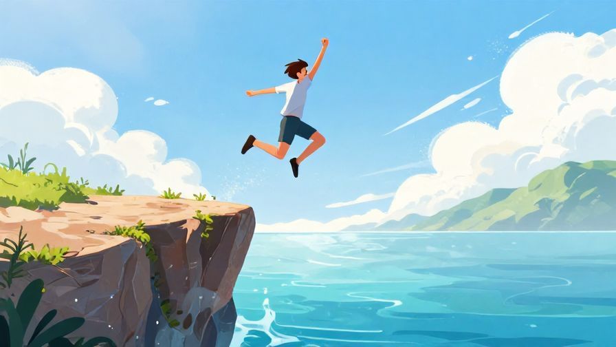 Illustration%20of%20a person jumping joyfully off a cliff into clear water, symbolizing seizing the moment, with a bright sunny sky, detailed background, vibrant colors, illustrated style