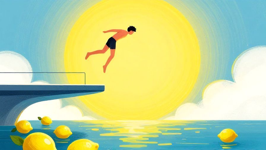 Illustration%20of%20a person jumping off a springboard towards a bright future, lemons on the ground below, vibrant colors, illustrated style