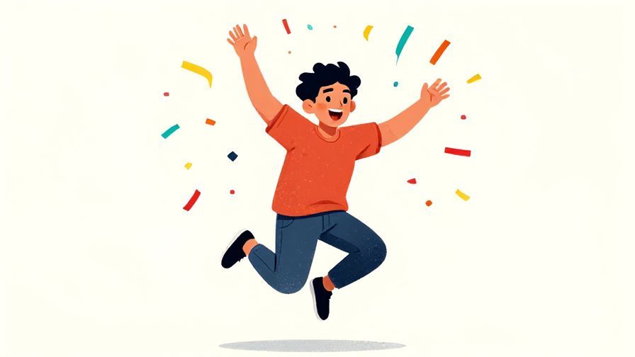 Illustration%20of%20a person jumping slightly in surprise with a big smile, colorful confetti in the air, vibrant illustrated style