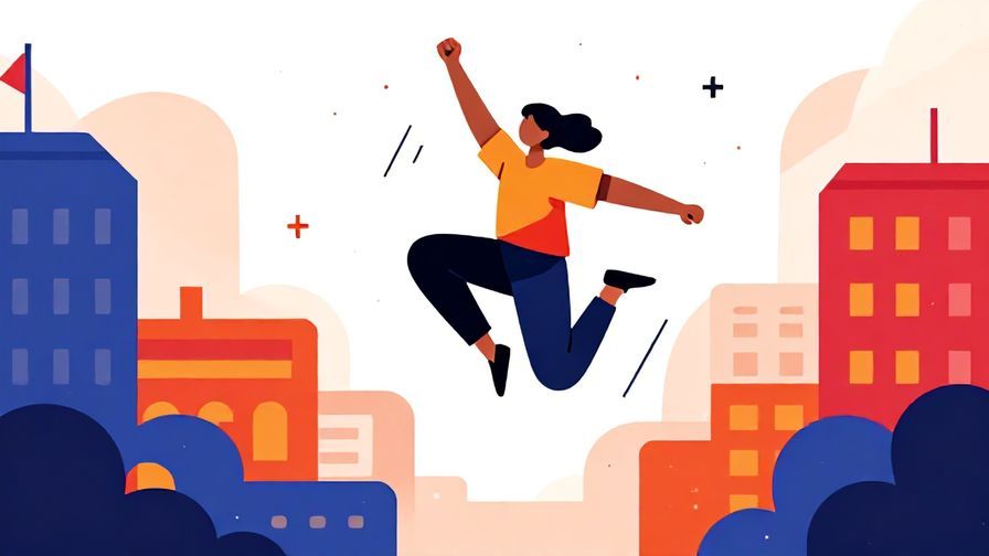 Illustration%20of%20a person jumping up energetically with motion lines, bold and vivid colors, dynamic cityscape background, illustrated style