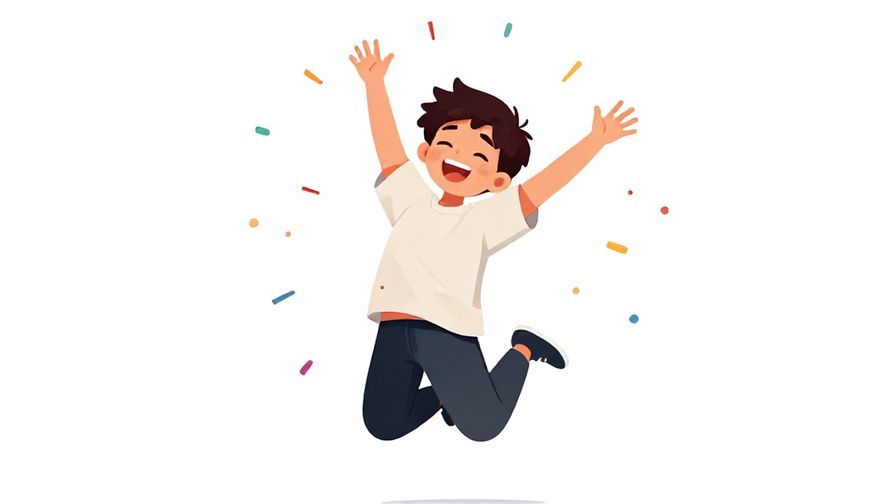 Illustration%20of%20a person jumping with joy, eyes closed and big smile, confetti raining down around