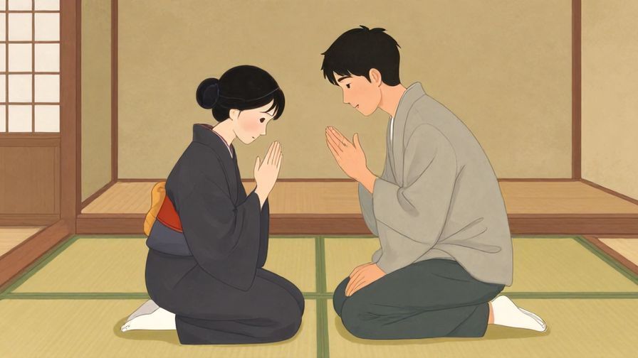 Illustration%20of%20a person kneeling respectfully, hands together, in a traditional Japanese room, symbolizing begging forgiveness, warm colors, illustrated style
