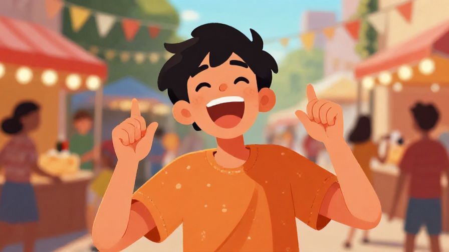 Illustration%20of%20a person laughing loudly, animated gestures, lively street festival background