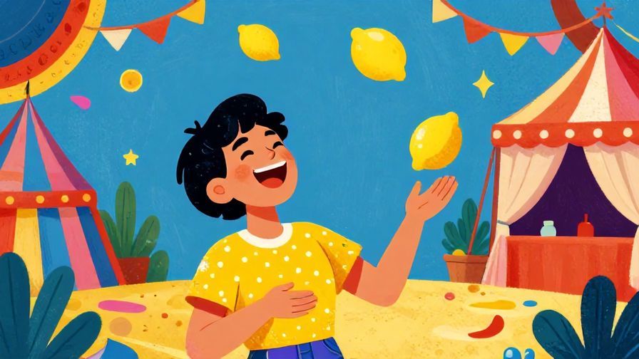 Illustration%20of%20a person laughing while juggling lemons, colorful circus atmosphere, vibrant colors, illustrated style