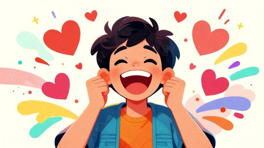 Illustration%20of%20a person laughing with excitement, hearts bursting around, colorful and energetic style